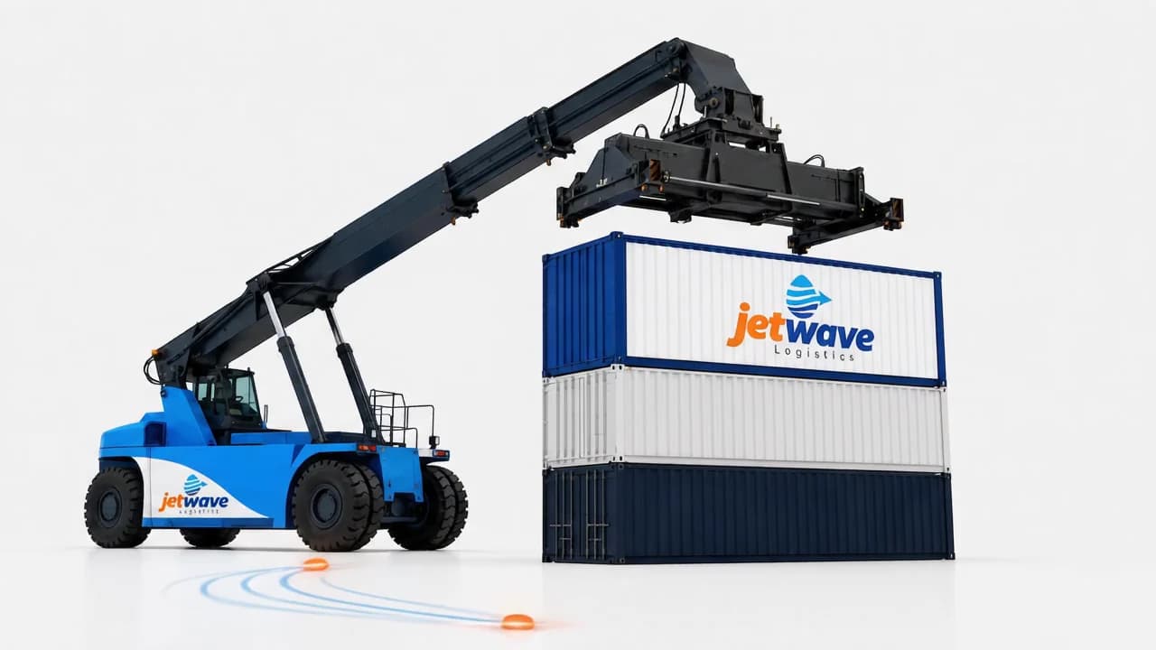 A jetwave container being loaded onto a freight truck by a container handler
