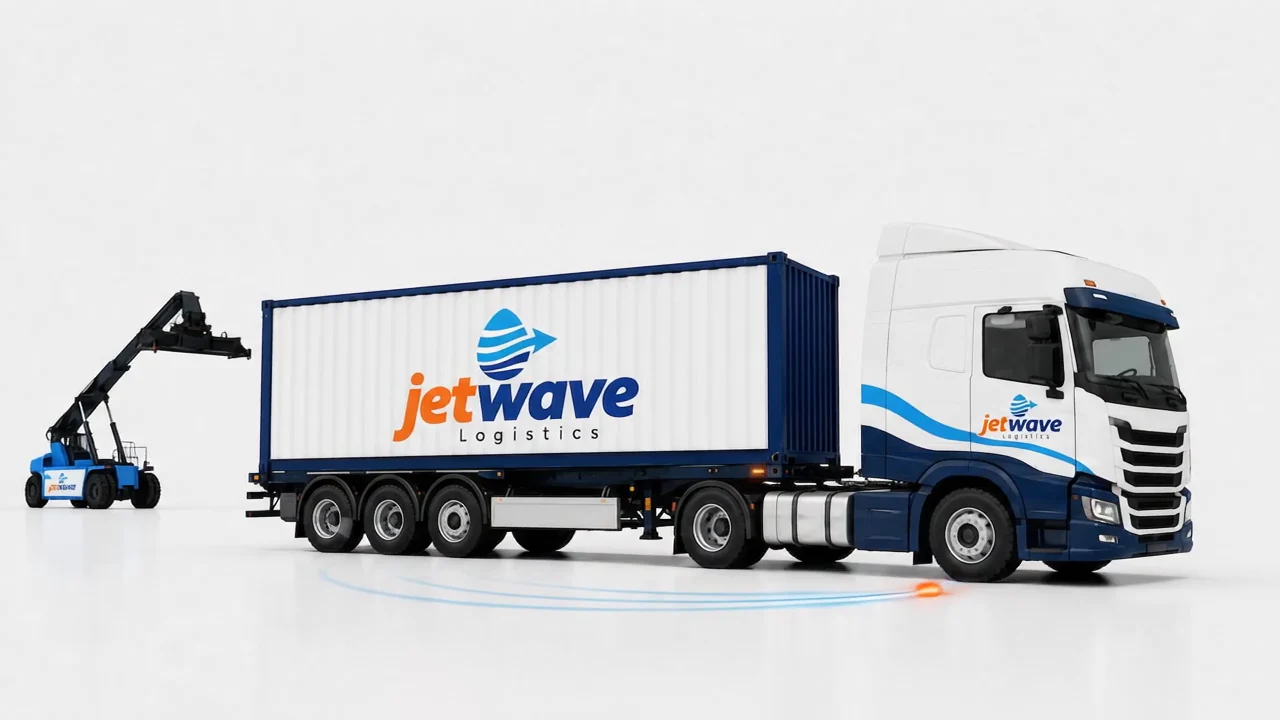 A branded jetwave truck following a sculptural freight route into a loading gantry
