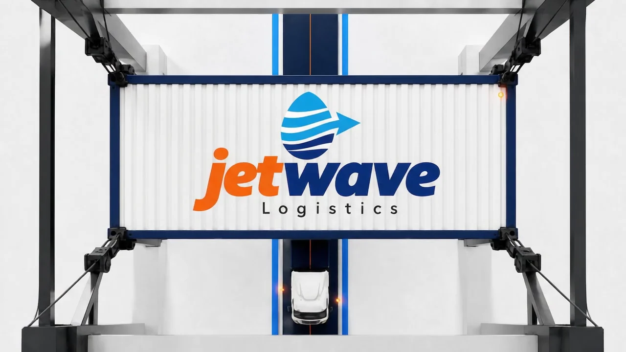 A branded jetwave container being transferred onto an ocean freight vessel